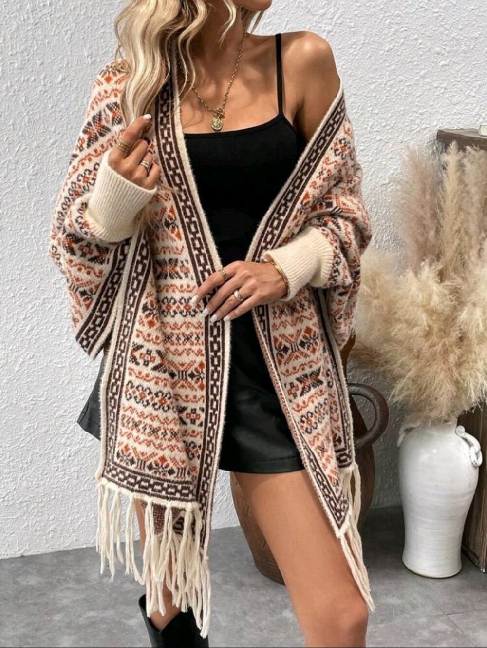 Casual Geometric Pattern Fringe Hem Batwing Sleeve Cardigan, Autumn - Picture 5 of 5